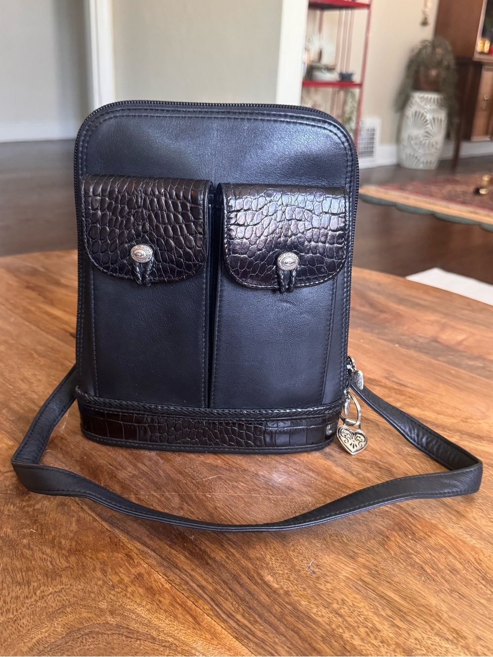 Vintage Brighton One World Slim Leather Crossbody Bag Black Croc Embossed Accent